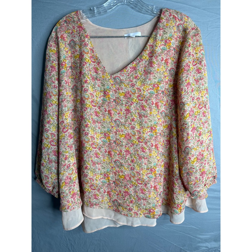 LC Lauren Conrad Floral Lace Back Blouse Pink Yellow Ditsy Print XL